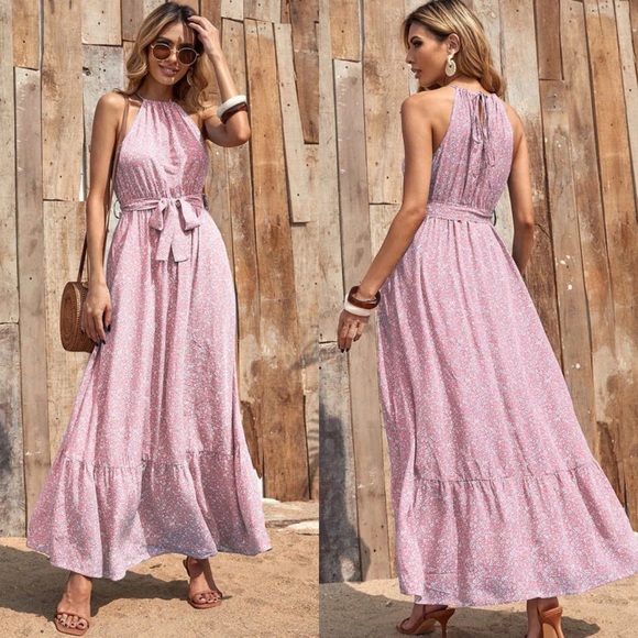 Boho floral print maxi dress halter ruffle blue - Picture 2 of 5